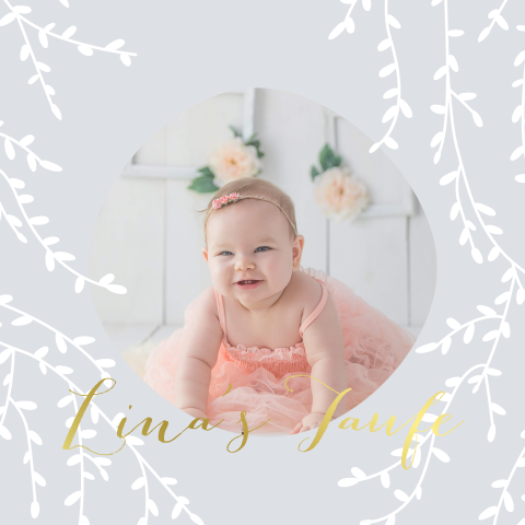 Einladung zur Taufe mit verspielten Zweigen, Foto und Goldfolie