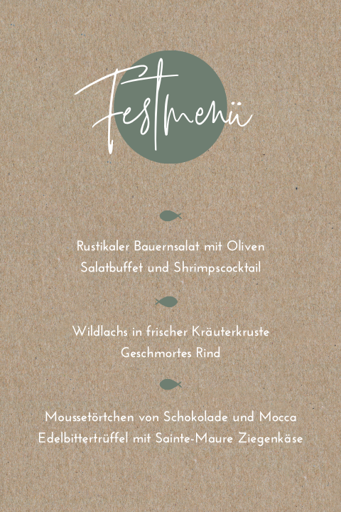 Menükarte zur Taufe im Kraft-Look mit Ichthys Fischen