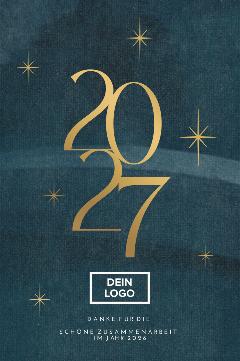 Geschäftliche Neujahrskarte in Dunkelblau mit Jahreszahl und Mattgoldfolie