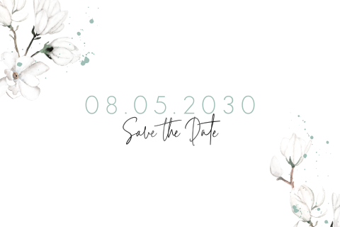 Hellblaue Save the date Karte mit weißen Blüten und Farbklecksen
