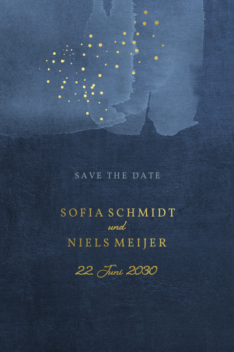 Save the Date Karte mit goldenen Punkten auf dunkelblauem Aquarell