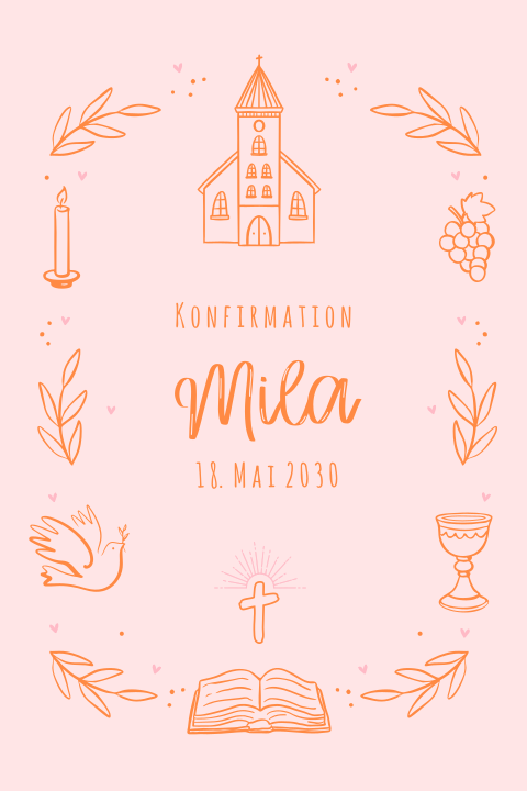 Rosa Einladung zur Konfirmation mit Linienzeichnungen