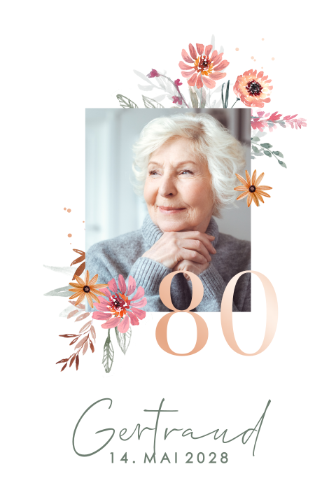 Florale Einladung zum Geburtstag Klappkarte mit rosegoldener 80