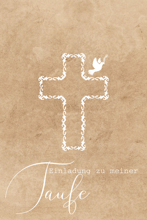 Stilvolle Einladung zur Taufe mit Kreuz und weißer Taube
