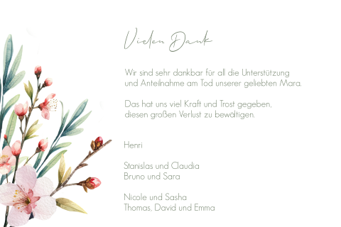 Zarte Danksagung Trauerkarte mit Kirschblüten und Textfeld