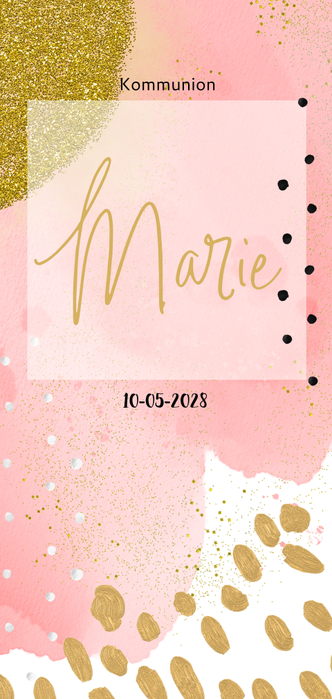 Nette Mädchenkommunionkarte mit Aquarell in Rosa und mit Goldlook