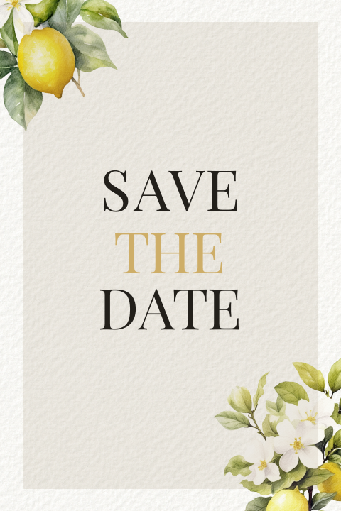 Stilvolle Save-the-Date Karte mit Zitronenblüten und Zitronen