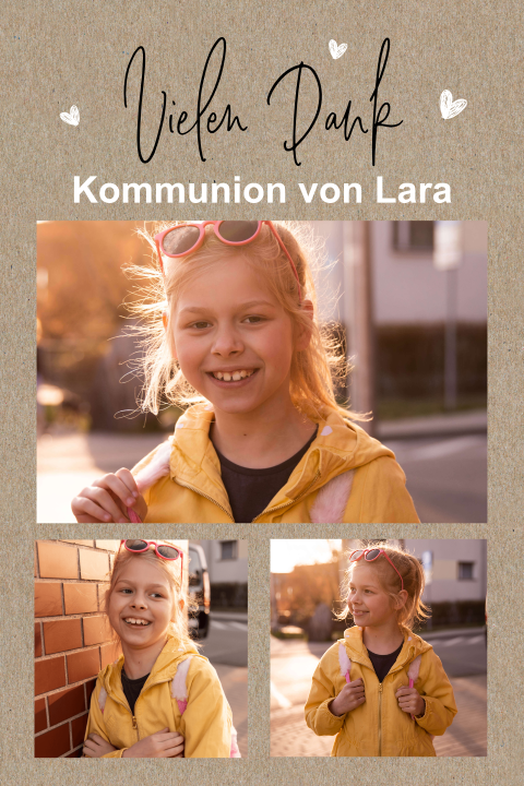 Kraftlook-Dankeskarte Kommunion mit drei Fotos und Herzen