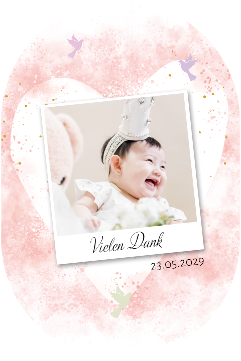 Dankeskarte zur Taufe mit Tauben in holografischer Folie und Foto