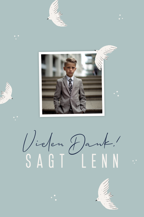 Hellblaue Dankeskarte Kommunion mit Vögeln und Foto