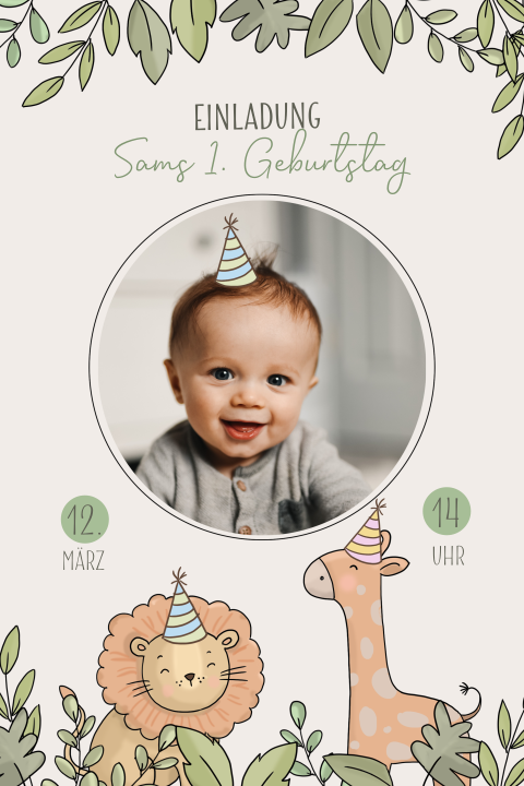 Einladung zum Kindergeburtstag mit Dschungeltieren und Zweigen