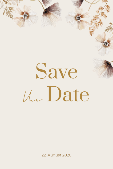 Save-the-date Karte mit Trockenblumen Print und beigem Hintergrund