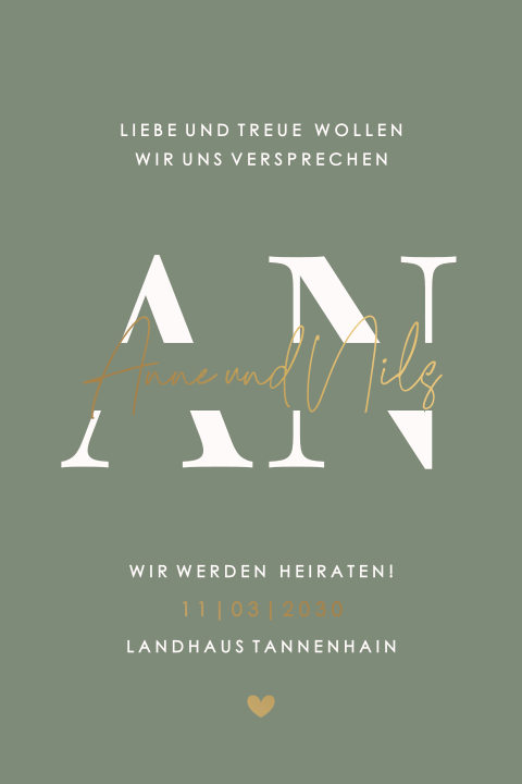 Stilvolle Hochzeitseinladung in Grün mit Initialen und Mattgoldfolie