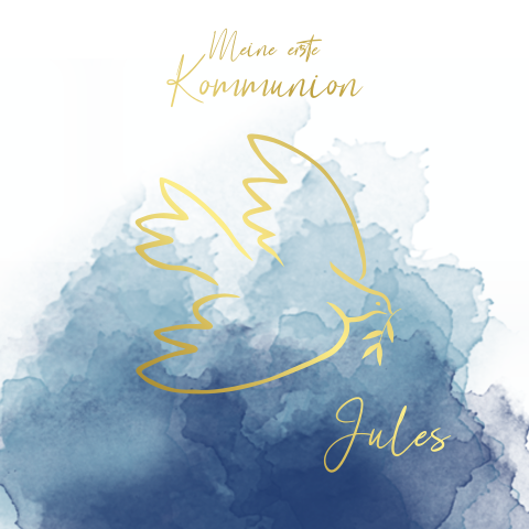 Trendige Kommunionseinladung mit Aquarell und Taube in Goldfolie