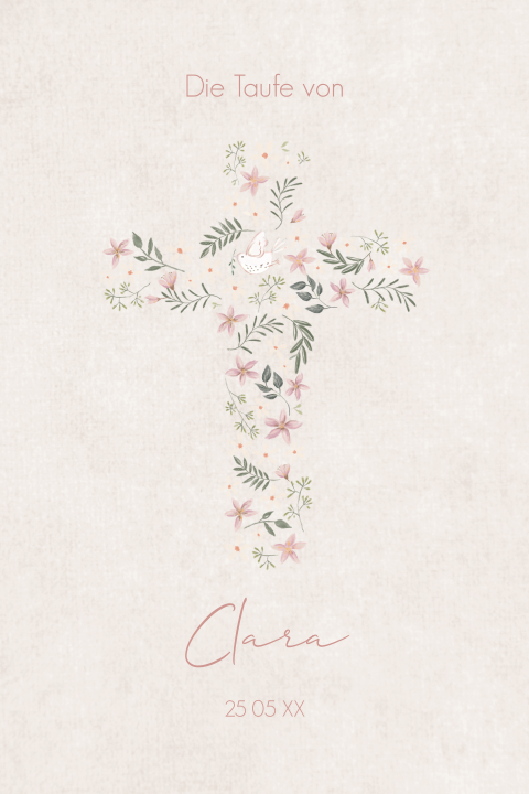 Eine schöne Taufkarte mit einem Kreuz aus Blumen und einer süßen Taube