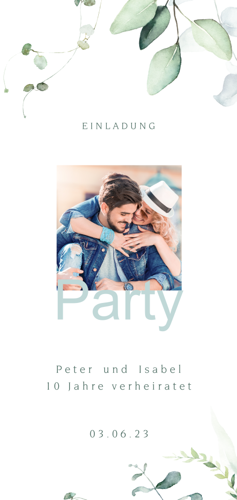 Einladung zum 10-jährigen Jubiläum mit Foto und Eukalyptuszweigen