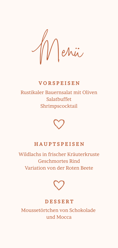 Menükarte mit Herzen in Rostbraun
