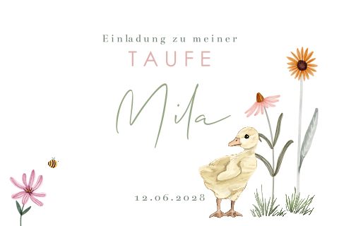 Hübsche Einladung zur Taufe mit Entchen, Bienchen und Blumen