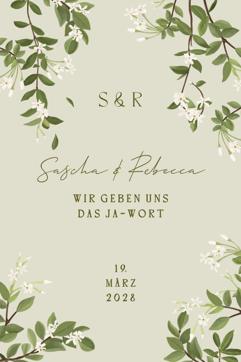 Botanische Hochzeitseinladung in Grün mit Blüten und Blättern