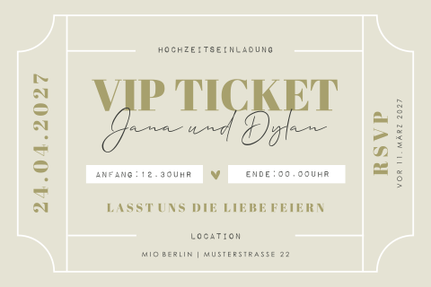 Hochzeitseinladung VIP Ticket mit runden Ecken