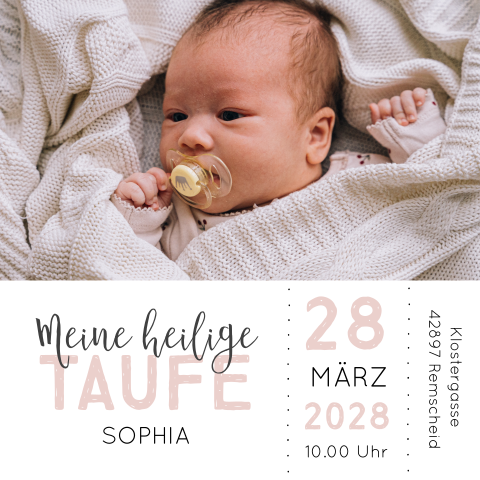 Doppleseitige, quadratische Einladung zur Taufe mit Foto