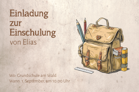 Einladung zur Einschulung mit Retro-Rucksack, Lineal und Bleistiften