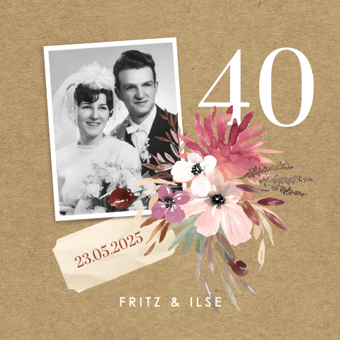 Einladung zur Rubinhochzeit im Beigeton mit Foto und hübschen Blumen