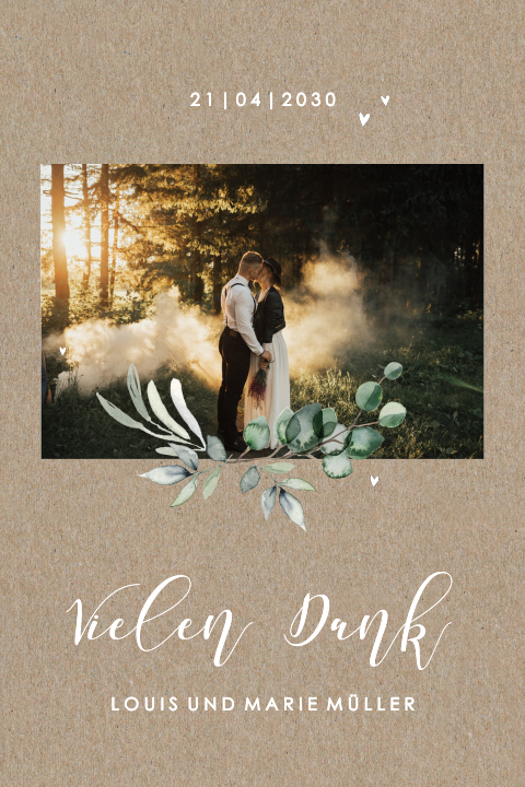 Dankeskarte Hochzeit mit Olivenzweigen und Foto