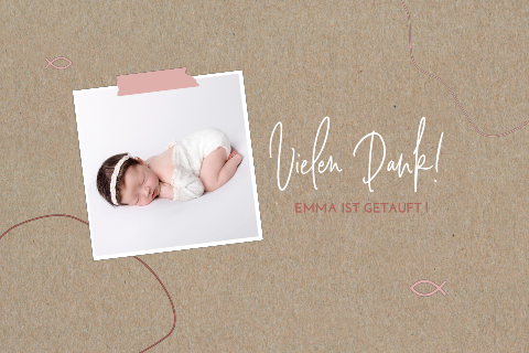 Dankeskarte zur Taufe im Kraft Look mit Foto und rosa Schrift
