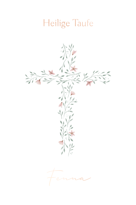 Süße Taufeinladung mit Kreuz aus gemalten Blättern und Blumen