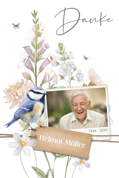 Danksagungskarte Trauerfall mit Vintage-Look, blauer Meise und Blumen