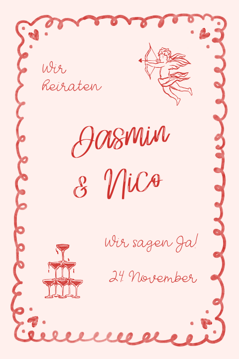 Verspielte Hochzeitseinladung mit handgezeichneten Illustrationen