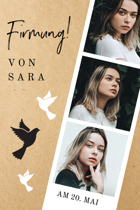 Einladung zur Firmung mit Fotostreifen und Tauben