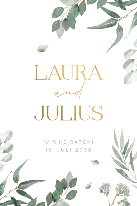 Hochzeitskarte im botanischen Stil mit Mattgoldfolie