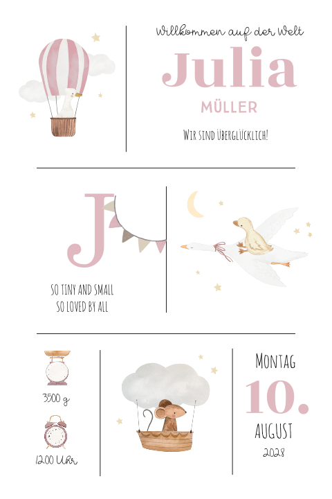Niedliche Geburtskarte mit Tieren und Initialien für Mädchen