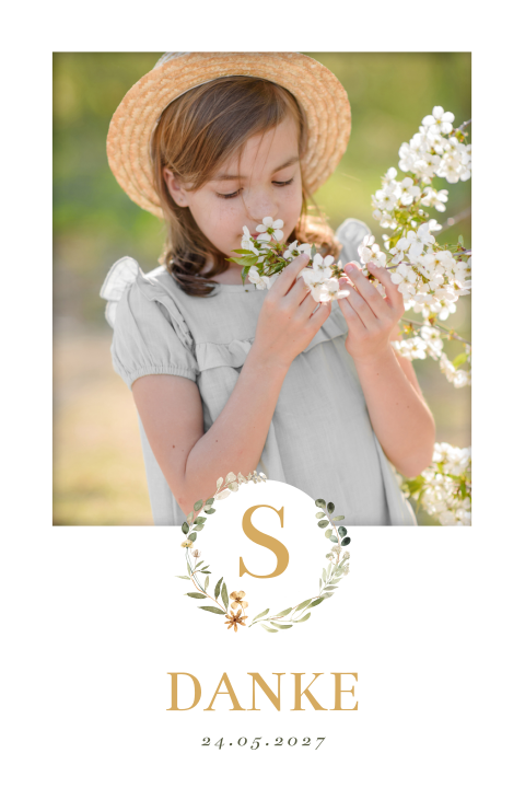 Dankeskarte Kommunion mit Foto und Taube auf der Rückseite