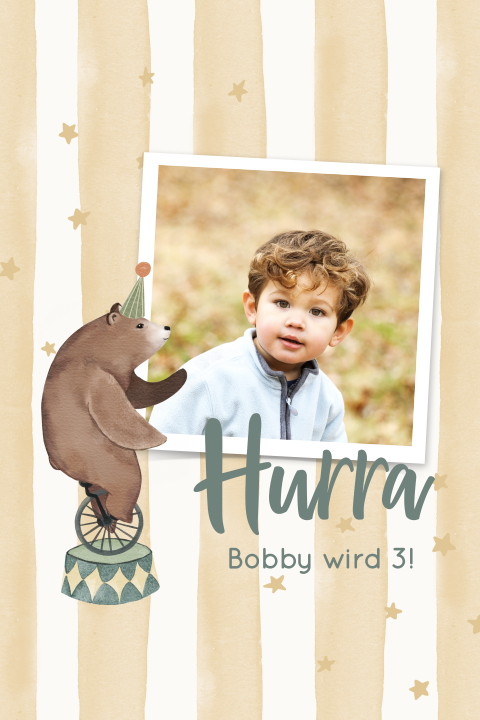 Niedliche Geburtstagseinladung mit Zirkustieren und Streifen