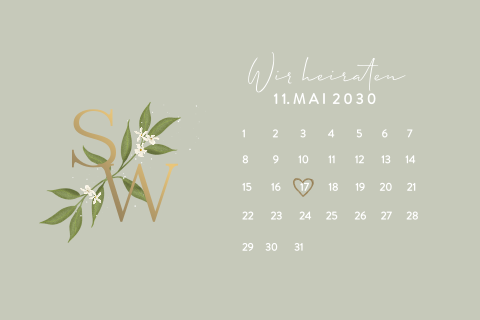 Stilvolle Hochzeitskarte in Grün mit Kalenderblatt, Initialen und Mattgoldfolie