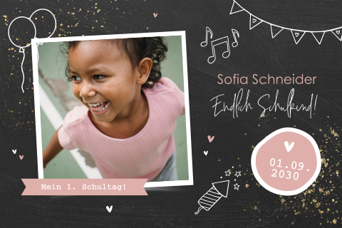 Hippe schwarze Einschulungskarte mit Gold, Rosa und Fotos
