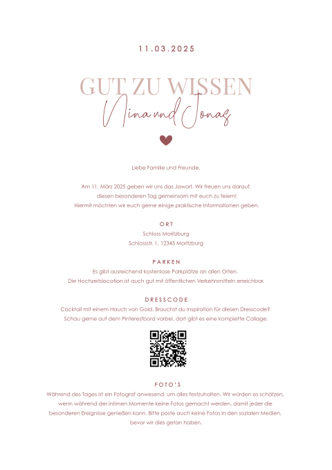 Einlegeblatt Hochzeit  A4 "Schlicht Rosa"