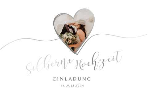 Einladung zur silbernen Hochzeit mit Foto in Herz und Silberfolie