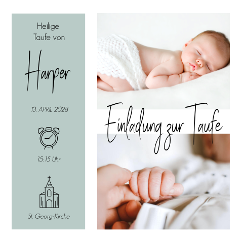 Einladung zur Taufe in blau mit Fotos