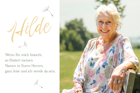 Persönliche Trauer Danksagung mit Foto und Pusteblumen-Motiv