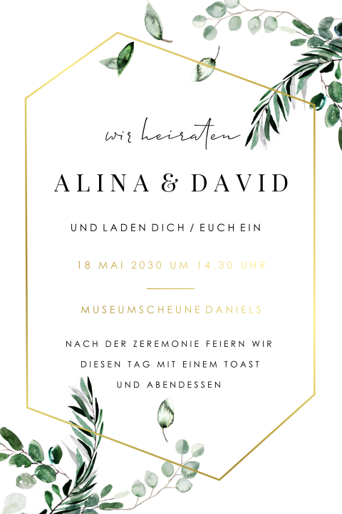 Hochzeitseinladung im Hochformat mit Zweigen und Blättern