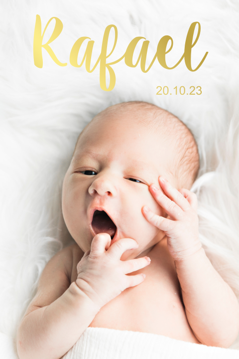 Baby Geburtskarte mit großem Foto und Schrift in Goldfolie