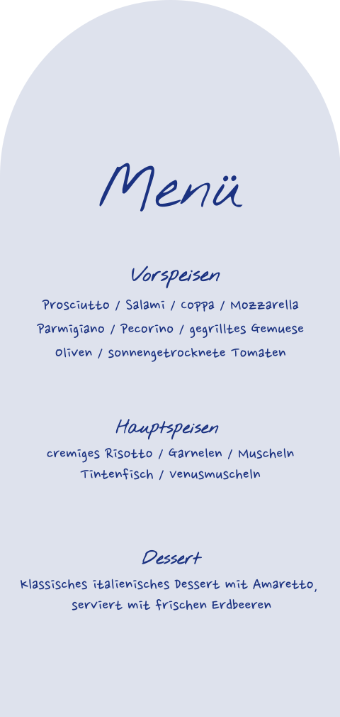 Elegante Menükarte in besonderer Form mit zierlichem Text