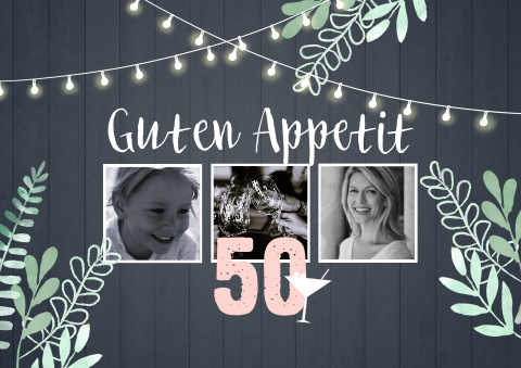 Tischset für 50. Geburtstag mit Fotos, Lichterketten und Zweigen