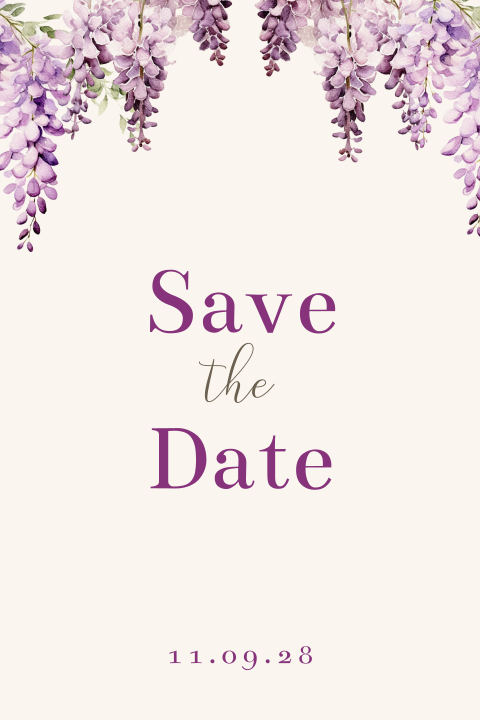 Save the Date Karte mit violetten Aquarell Blauregen Blüten