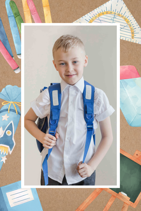 Dankeskarte zur Einschulung mit Schultüten mit Rakete und großem Foto