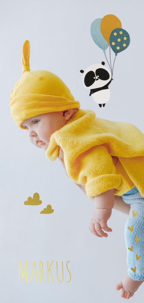 Geburtskarte Babyfoto mit runden Ecken, Wolken und Panda